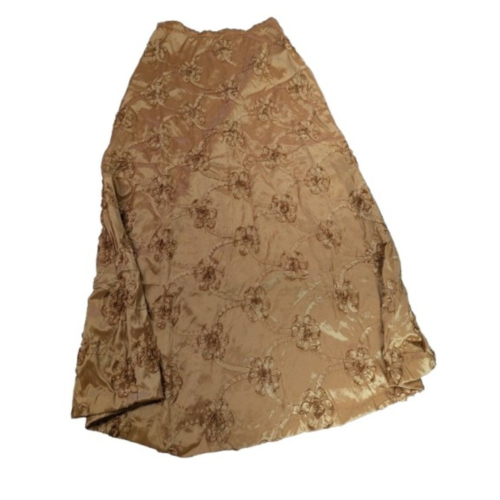 Vtg Handmade Gold Taffeta Maxi Skirt 3D Rosette Floral Appliqué Iridescent Boho
